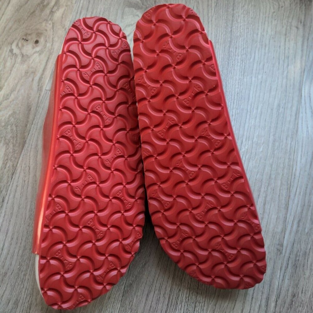 Birkenstock Dark Pink-Red Arizona Sandals with Light Pink Shearling Footbed - Picture 13 of 14